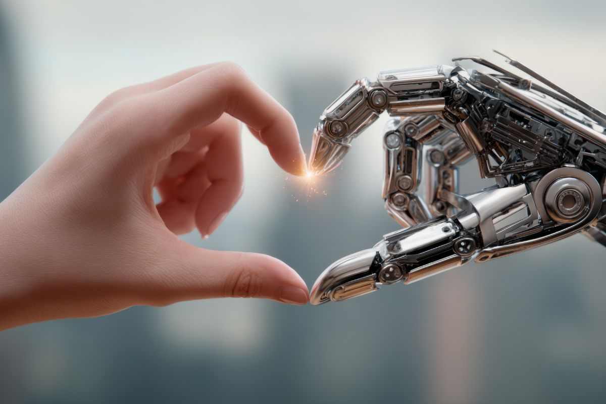 Cuore formato da una mano di intelligenza artificiale e mano umana 