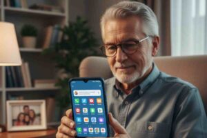 signore anziano con uno smartphone grande tra le mani