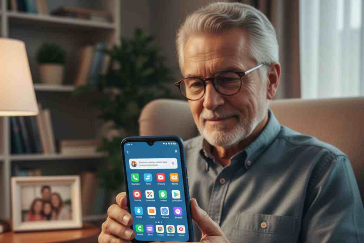 signore anziano con uno smartphone grande tra le mani