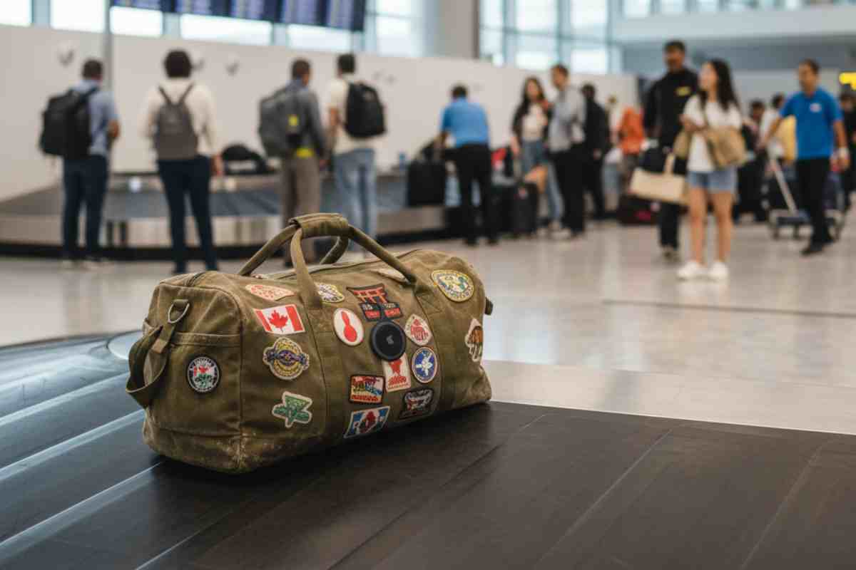 borsone sul nastro trasportatore dell'aeroporto con un traker e tante persone intorno che camminano